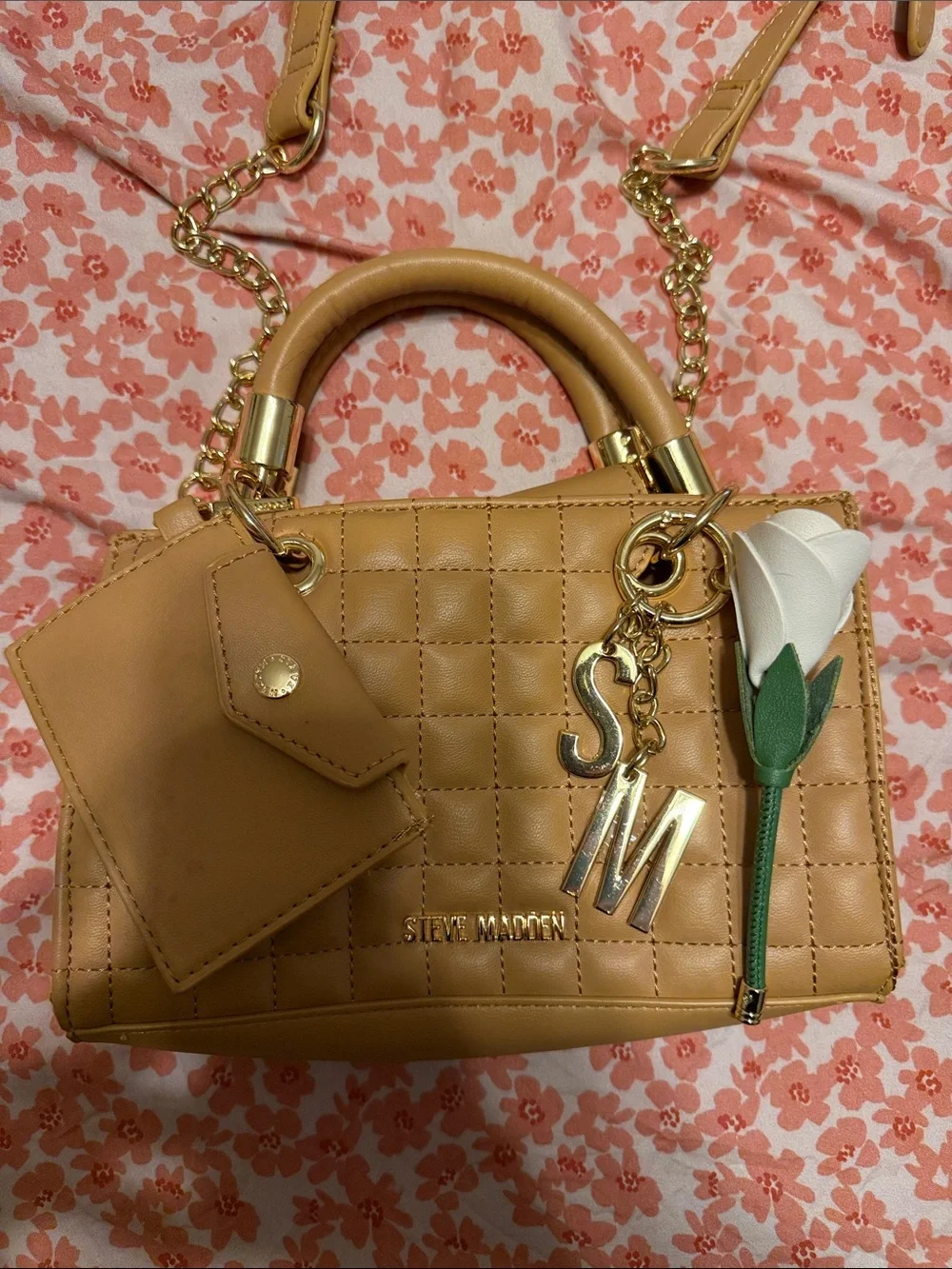 Steve Madden Quilted Tan Satchel with Gold Chain Accents